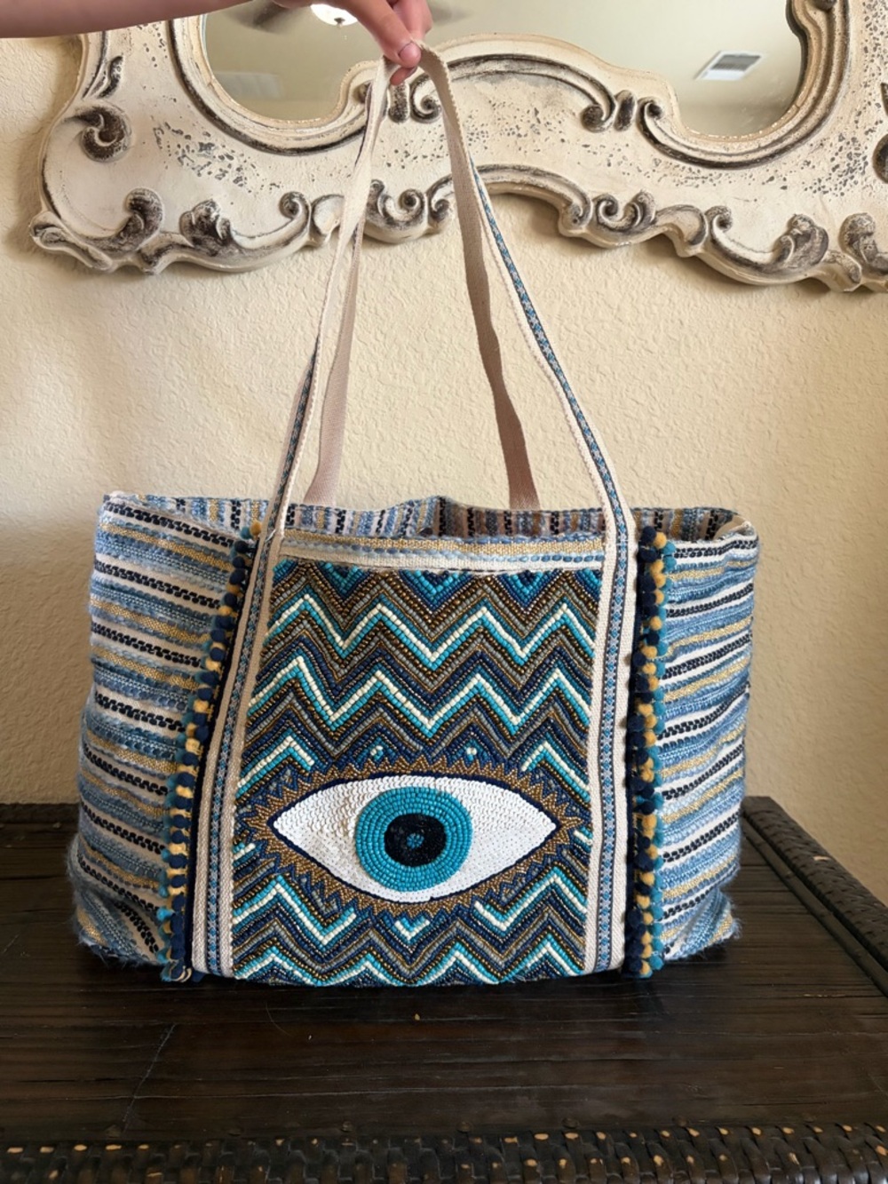 Beaded Eye Pattern Canvas Tote Bag in Blue and Teal